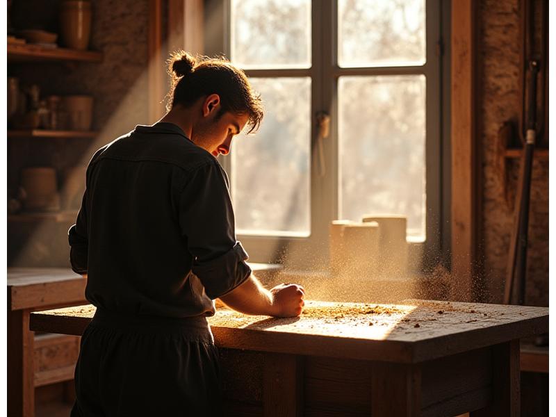 Artisan travaillant minutieusement dans un atelier d'ébénisterie, lumière naturelle