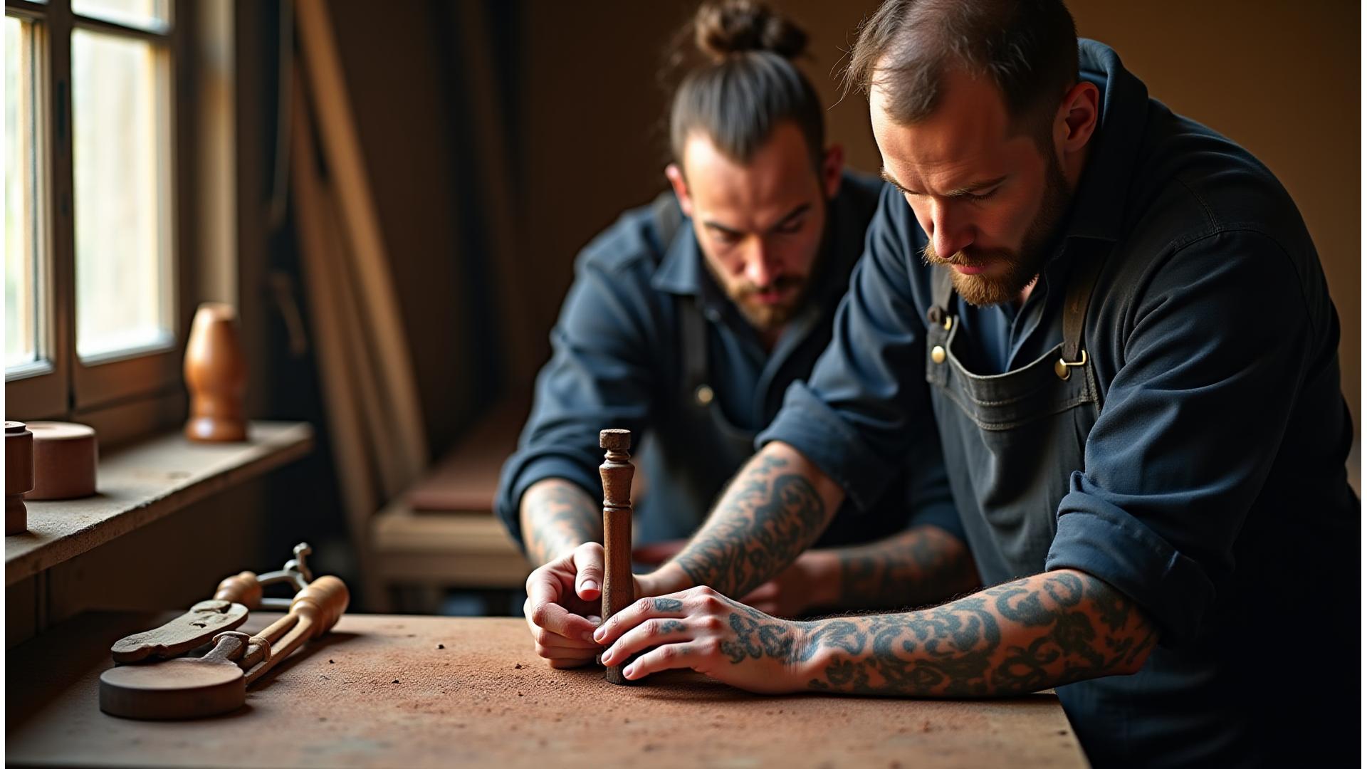 Artisan travaillant le bois avec des outils traditionnels, symbolisant l'art du mobilier d'exception chez Dorure Gnomon