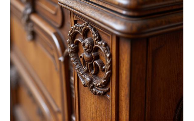 Détail d'une commode sculptée sur mesure, finition impeccable