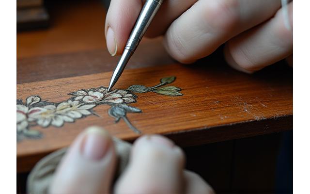 Mains expertes restaurant une marqueterie complexe sur un meuble ancien