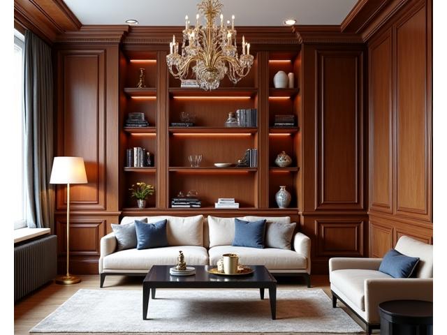 Intérieur élégant avec boiseries et bibliothèque sur mesure