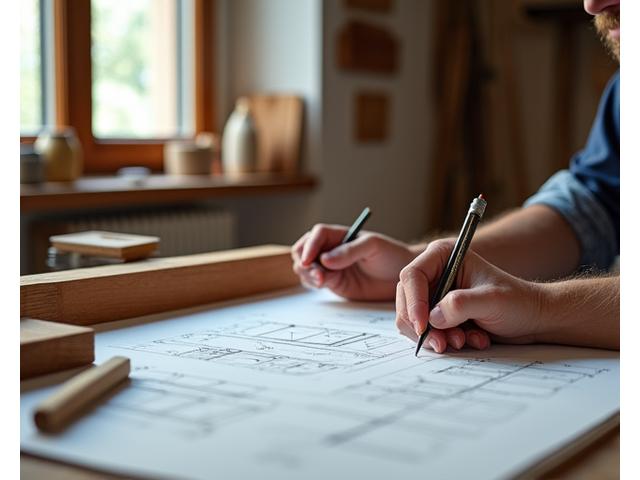 Artisan ébéniste dessinant des plans de mobilier sur mesure dans un atelier