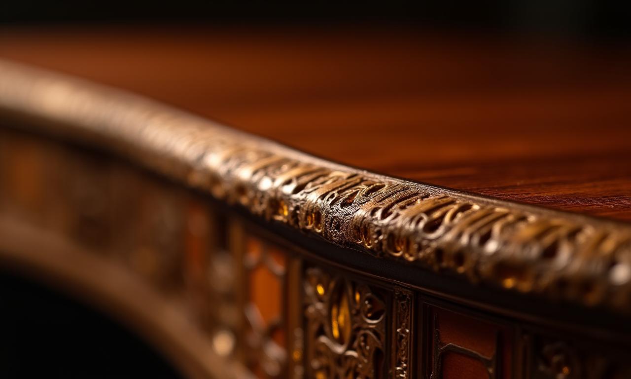 Détail de la finition artisanale d'un meuble dans un coin illuminé du showroom.